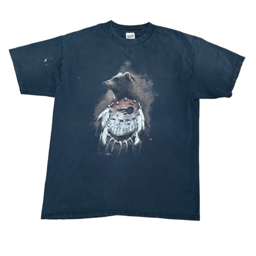 Vintage Anvil Mens XL Manchego Shirt Bear Native American Skull Faded Black